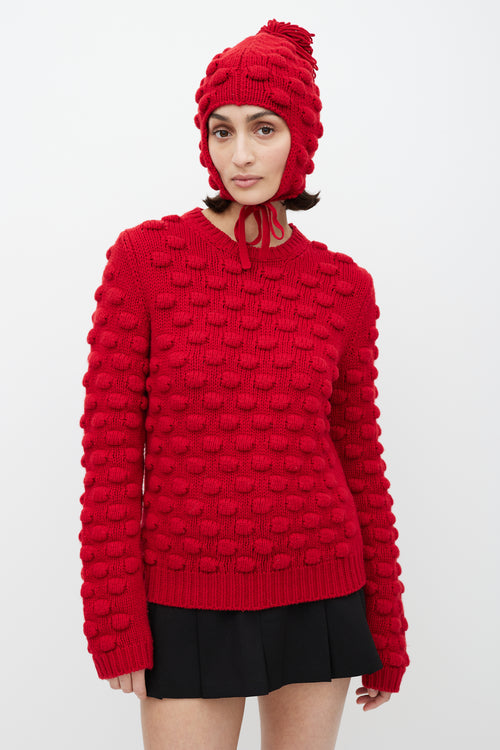 Prada Red Wool Bobble Knit Sweater 
Hat Set