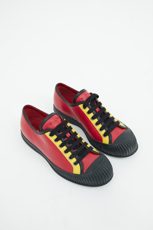 Prada Red 
Yellow Lace Up Sneaker