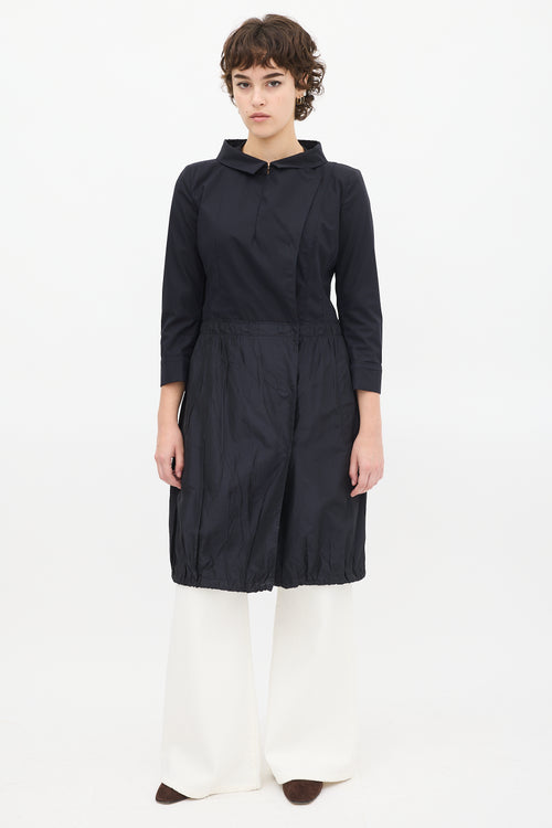 Prada SS 2009 Navy Cotton 
Silk Asymmetrical Button Up Coat