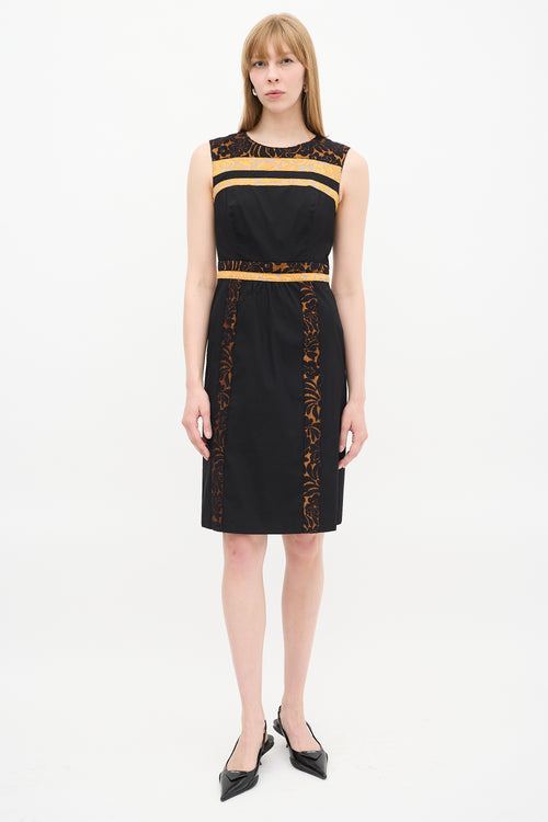 Prada SS 2015 Black 
Orange Floral Brocade Trim Dress