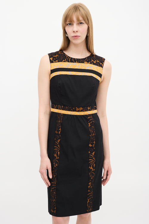 Prada SS 2015 Black 
Orange Floral Brocade Trim Dress