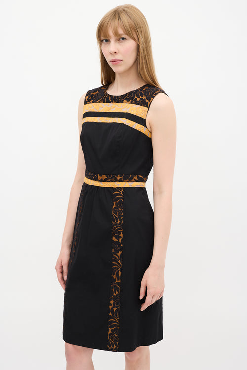 Prada SS 2015 Black 
Orange Floral Brocade Trim Dress