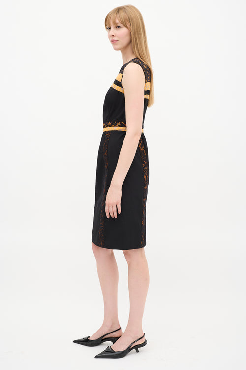 Prada SS 2015 Black 
Orange Floral Brocade Trim Dress