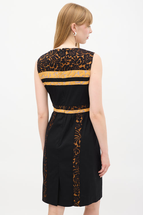 Prada SS 2015 Black 
Orange Floral Brocade Trim Dress