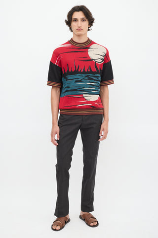 Prada SS 2014 Red 
Multicolour Jacquard Short Sleeve Sweater