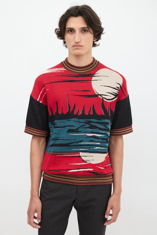 Prada SS 2014 Red 
Multicolour Jacquard Short Sleeve Sweater