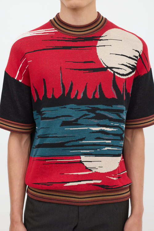 Prada SS 2014 Red 
Multicolour Jacquard Short Sleeve Sweater