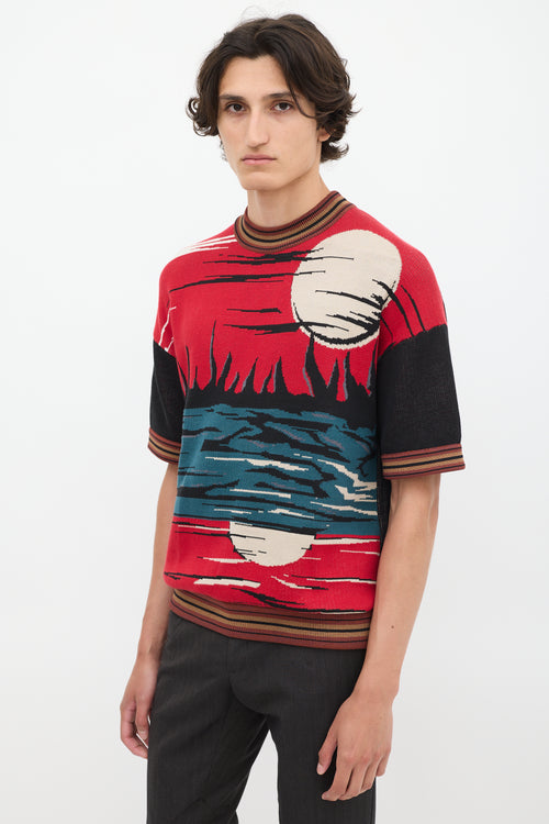 Prada SS 2014 Red 
Multicolour Jacquard Short Sleeve Sweater