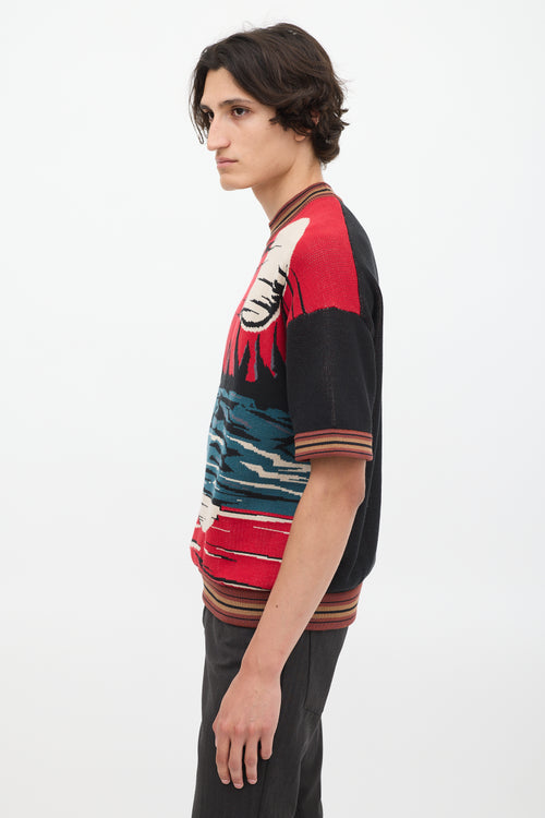 Prada SS 2014 Red 
Multicolour Jacquard Short Sleeve Sweater