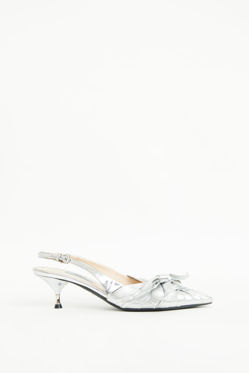 Prada Silver Metallic Knotted Slingback Pump