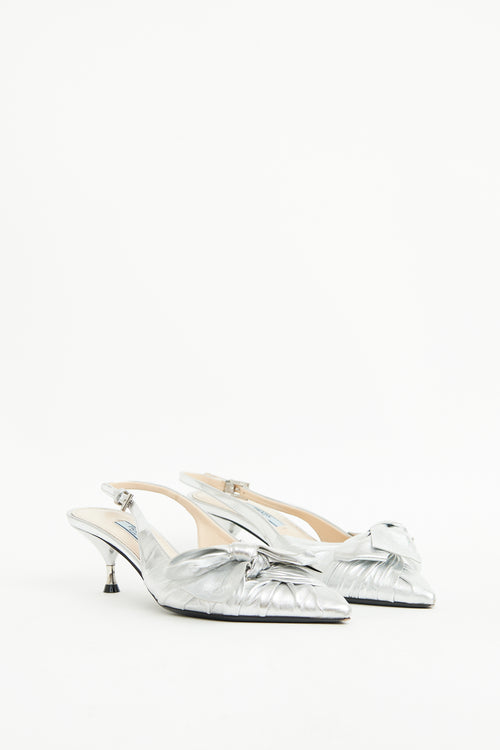 Prada Silver Metallic Knotted Slingback Pump