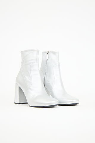 Prada Silver Leather Heeled Ankle Boot