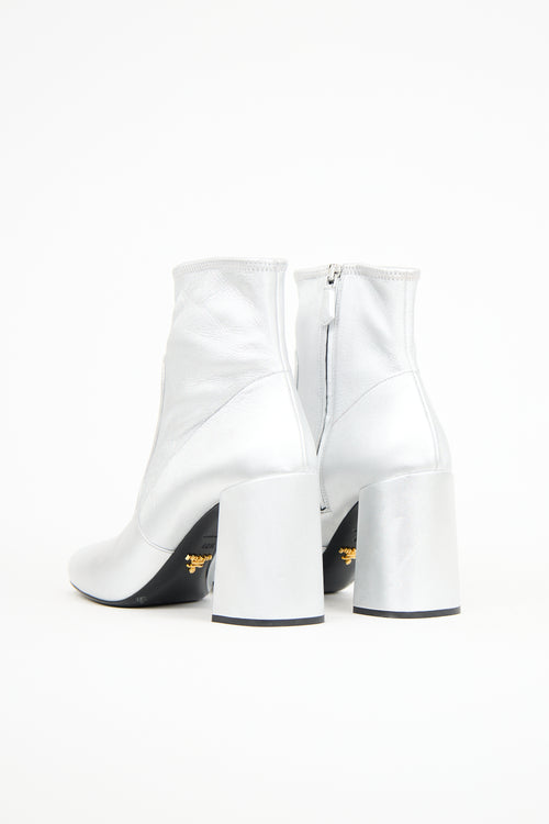 Prada Silver Leather Heeled Ankle Boot