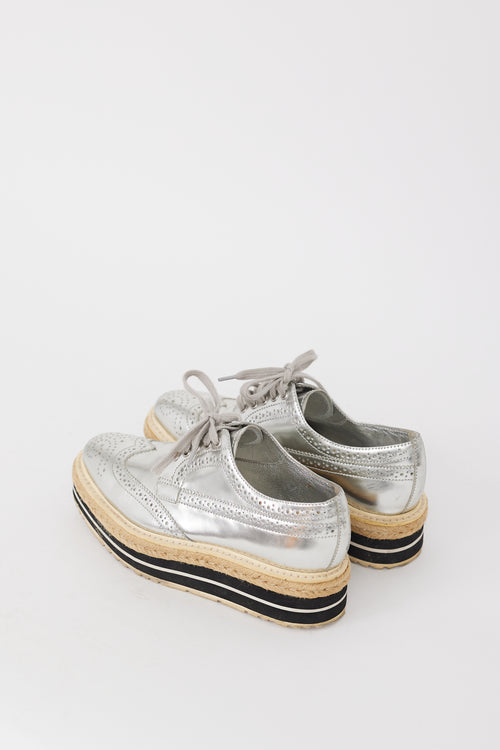 Prada Silver Metallic Leather Platform Brogue