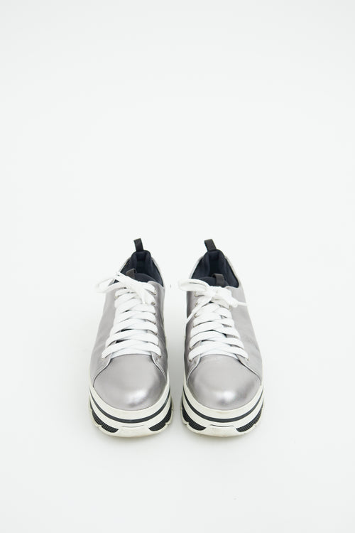 Prada Silver 
White Leather Striped Platform Sneaker