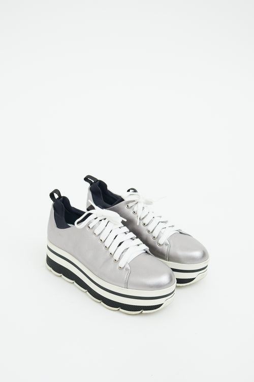 Prada Silver 
White Leather Striped Platform Sneaker