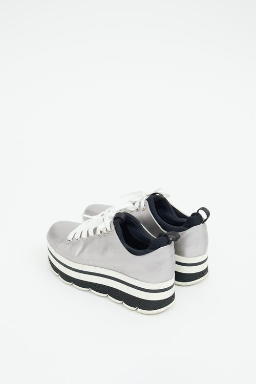 Prada Silver 
White Leather Striped Platform Sneaker