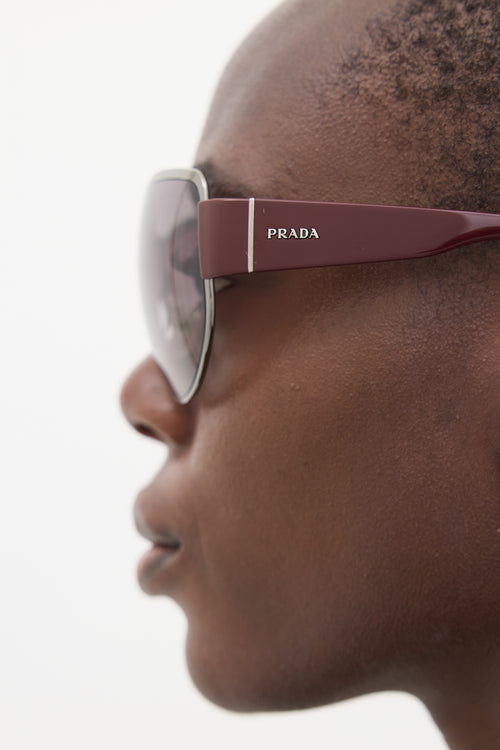 Prada Silver 
Burgundy SPR620 Shield Sunglasses