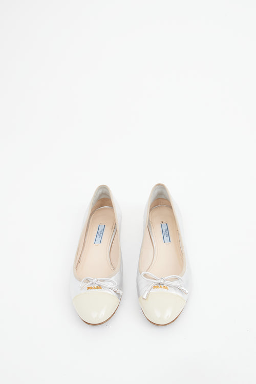 Prada Silver 
Cream Cap Toe Ballet Flat