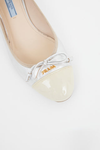 Prada Silver 
Cream Cap Toe Ballet Flat