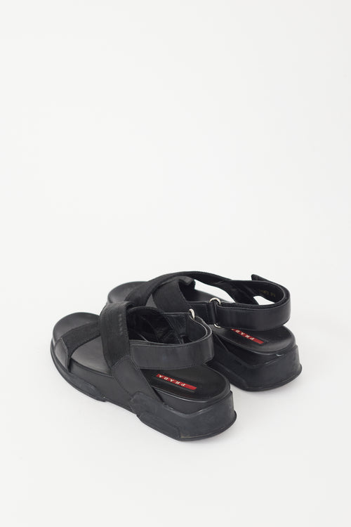 Prada Black Leather Webbed Chunky Sandal