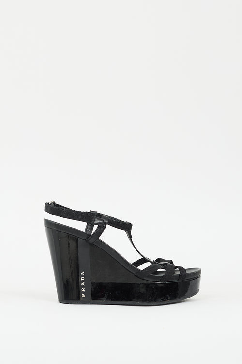 Prada Sport Black Leather Logo Wedge Sandal