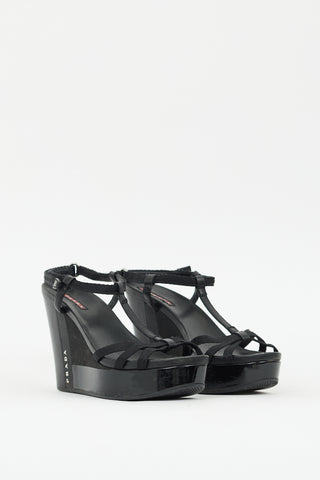 Prada Sport Black Leather Logo Wedge Sandal