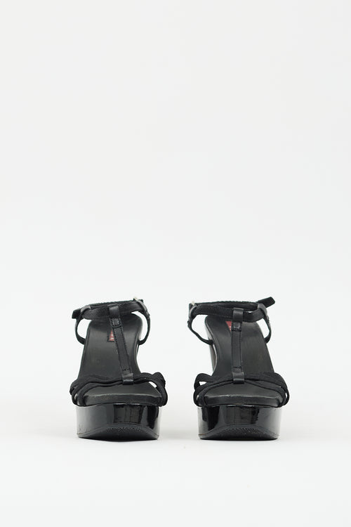 Prada Sport Black Leather Logo Wedge Sandal