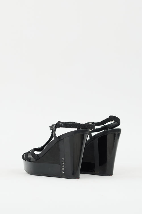 Prada Sport Black Leather Logo Wedge Sandal