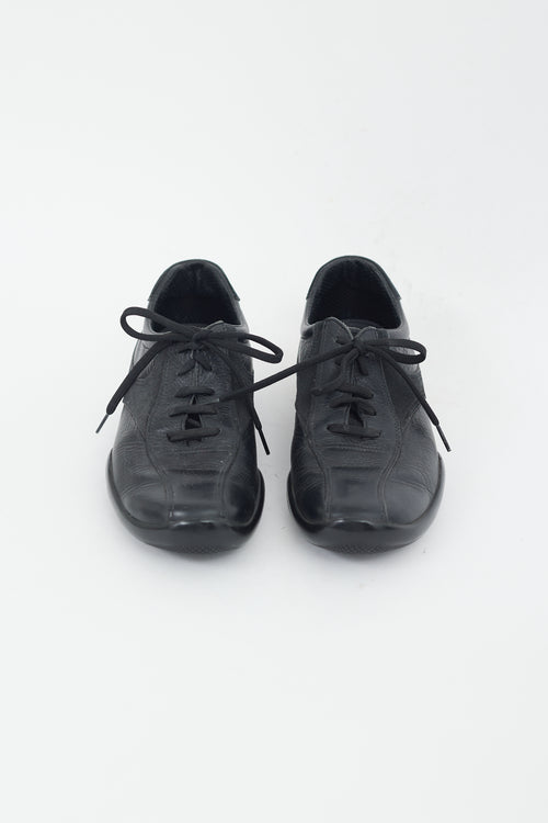 Prada Sport Black Leather 
Suede Lace Up Sneaker