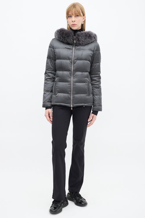 Prada Sport Dark Grey Nylon Fur Hood Down Puffer Jacket