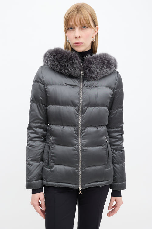 Prada Sport Dark Grey Nylon Fur Hood Down Puffer Jacket