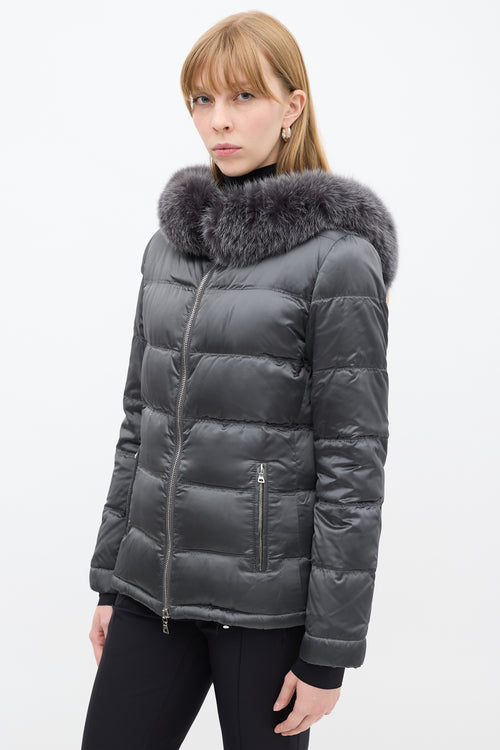 Prada Sport Dark Grey Nylon Fur Hood Down Puffer Jacket