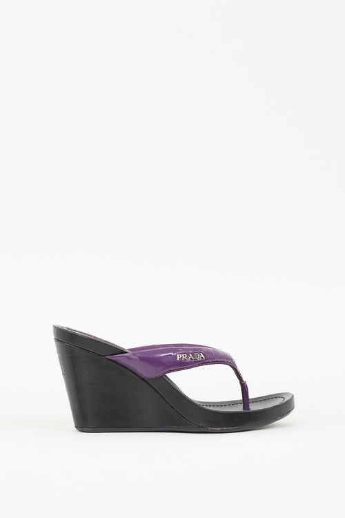 Prada Sport Purple 
Black Patent Leather Wedge Sandal