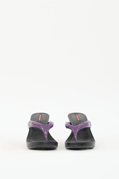 Prada Sport Purple 
Black Patent Leather Wedge Sandal