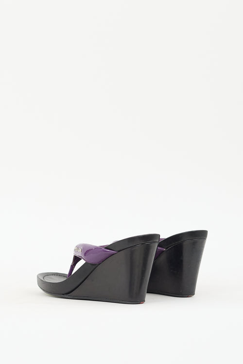 Prada Sport Purple 
Black Patent Leather Wedge Sandal