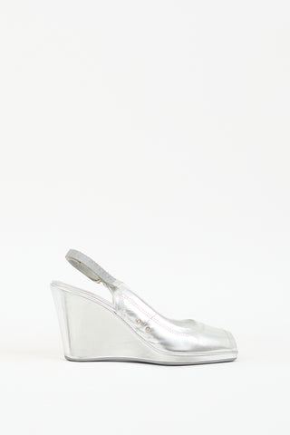 Prada Sport Silver Metallic Leather Slingback Wedge Heel