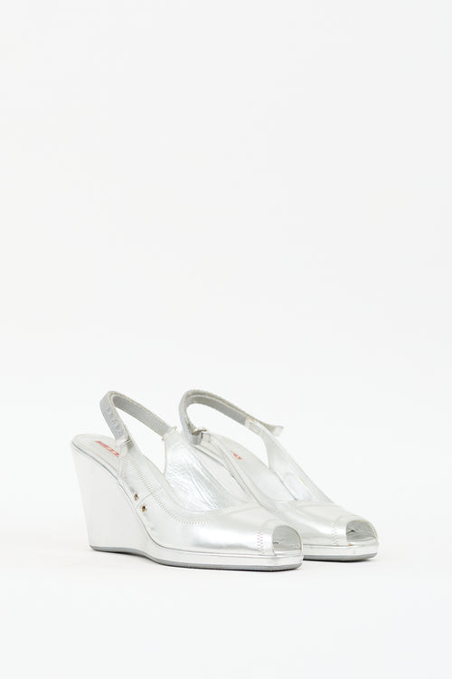 Prada Sport Silver Metallic Leather Slingback Wedge Heel