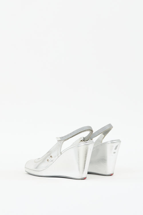 Prada Sport Silver Metallic Leather Slingback Wedge Heel