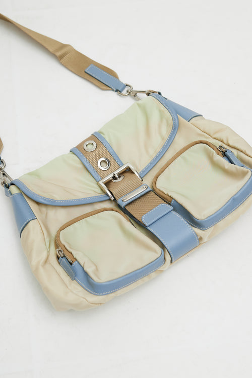 Prada Vintage Beige 
Blue Nylon Shoulder Bag