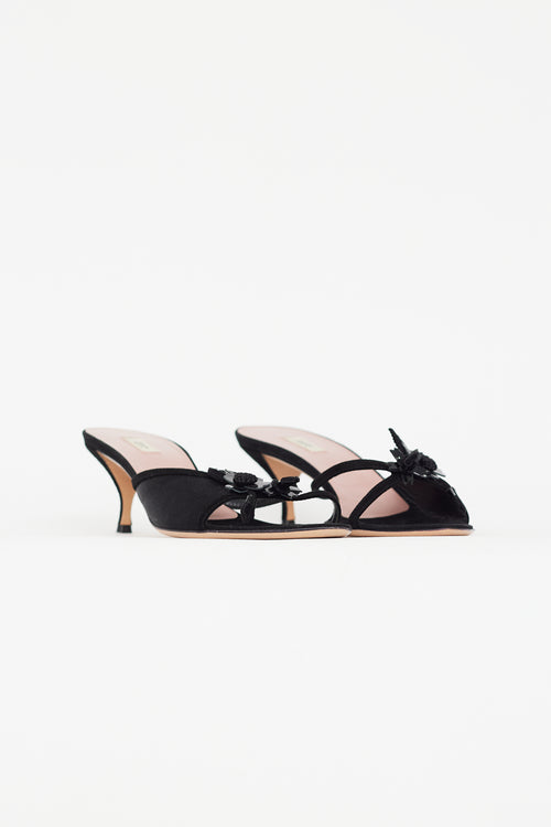 Prada Vintage Black Satin Flower Heeled Sandal