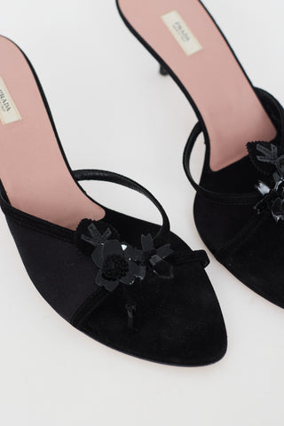 Prada Vintage Black Satin Flower Heeled Sandal