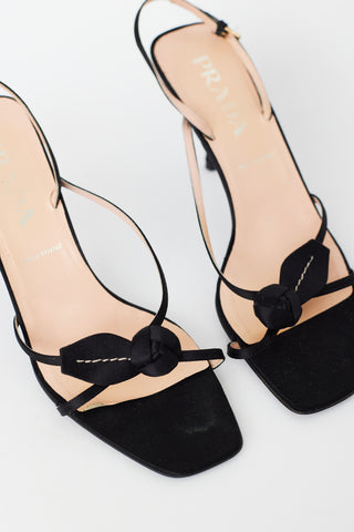 Prada Vintage Black Satin Strappy Flower Slingback Heel