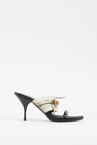 Prada Vintage Black 
White Floral Heeled Mule