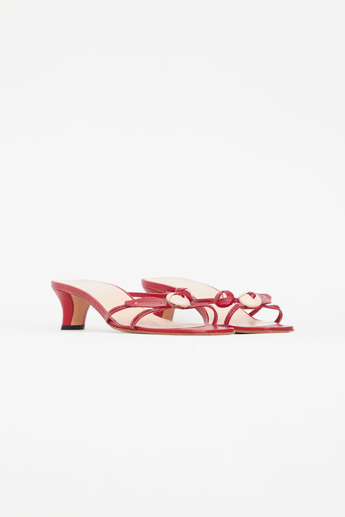 Prada Vintage Red Leather Flower Heeled Sandal