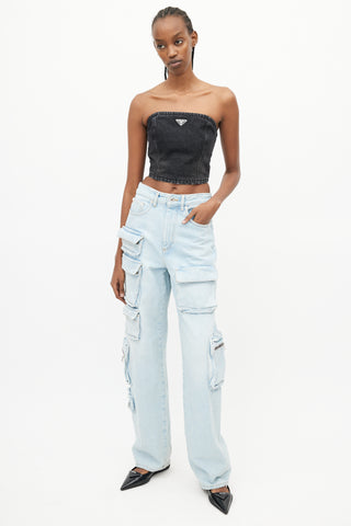 Prada Washed Black Logo Strapless Denim Top