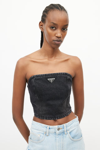 Prada Washed Black Logo Strapless Denim Top