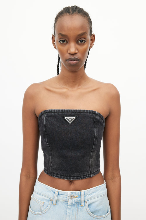 Prada Washed Black Logo Strapless Denim Top