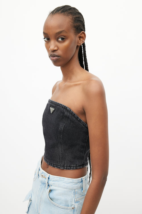 Prada Washed Black Logo Strapless Denim Top