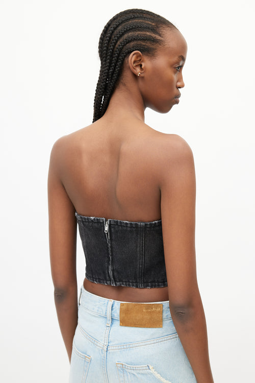 Prada Washed Black Logo Strapless Denim Top